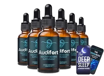 Six bottles bulk discount package of Audifort healthy hearing liquid supplement for long-term tinnitus control.