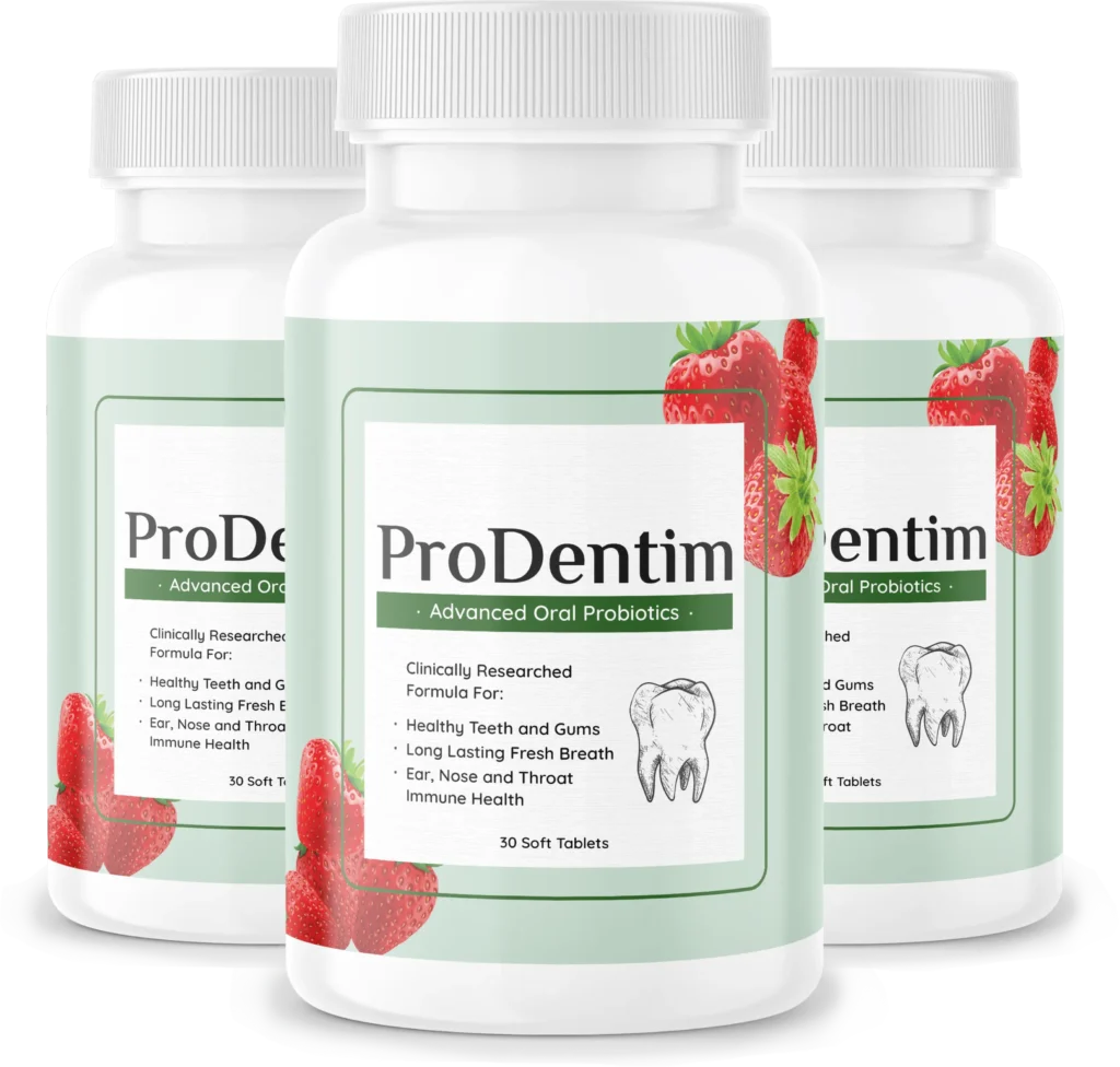 Three white bottles of ProDentim oral probiotic formula highlighting advanced teeth and gums health benefits.