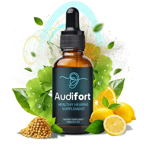 A single dropper bottle of Audifort natural hearing supplement next to fresh lemons and green leaves.