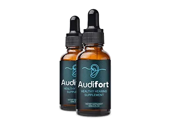 Two bottles package layout of Audifort ear health supplement for entry-level routine testing.