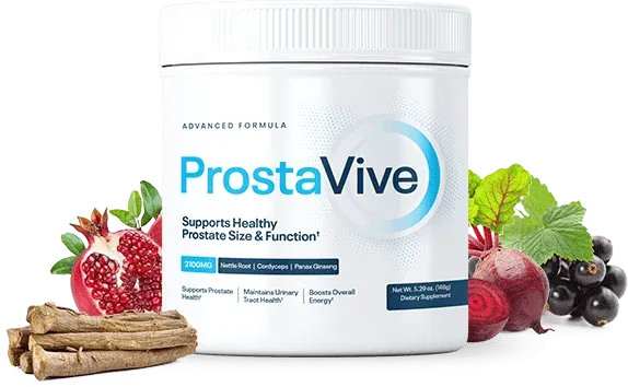 A single white container of ProstaVive premium supplement for healthy prostate size and optimal bladder function support.