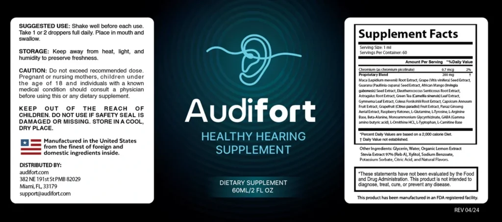 Official Audifort Healthy Hearing Supplement product logo text displayed on a premium dark cyan background.