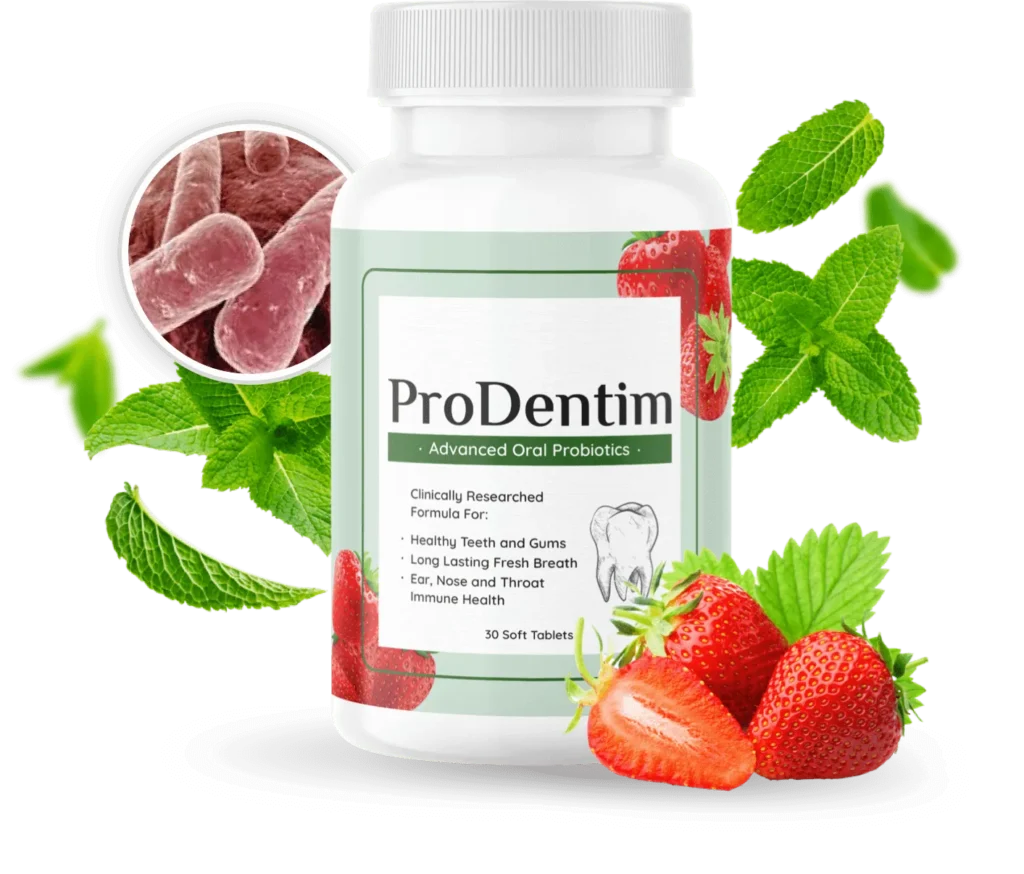A single ProDentim bottle displayed next to fresh red strawberries and green mint leaves, illustrating the natural formula.