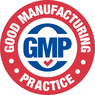Good Manufacturing Practice red circular emblem representing certified hygiene and production standards.