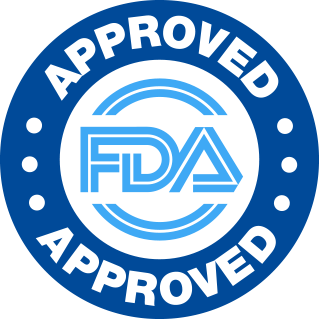 FDA Approved laboratory facility circular badge indicating premium quality regulation and compliance.