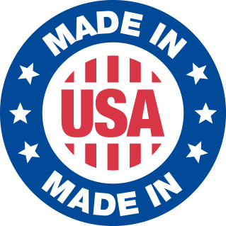 Official Made in USA circular quality seal with blue and white colors for domestic manufacturing standards.